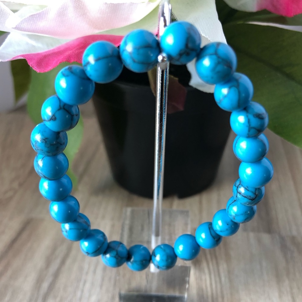 Blue turquoise Color Synthetic Stone Beads Stretchable Bracelet 7" - 8mm Beads